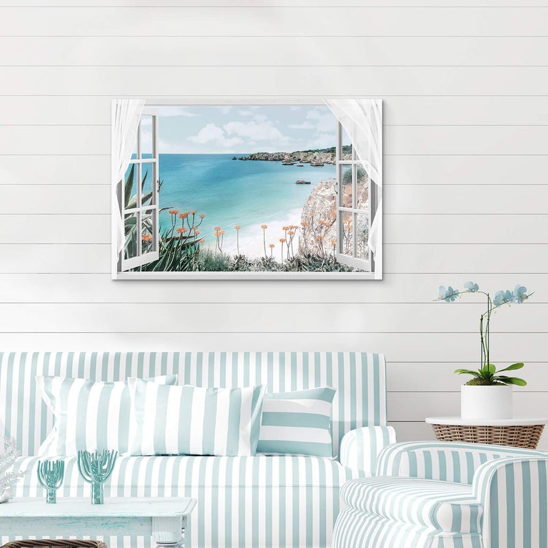 Hardy Gallery Window Canvas Art Sea Picture: Open Window into Blue Ocean with Beach Wall Art Coastal Artwork for Bedroom (36'' x 24'' x 1 Panel) - Image 5